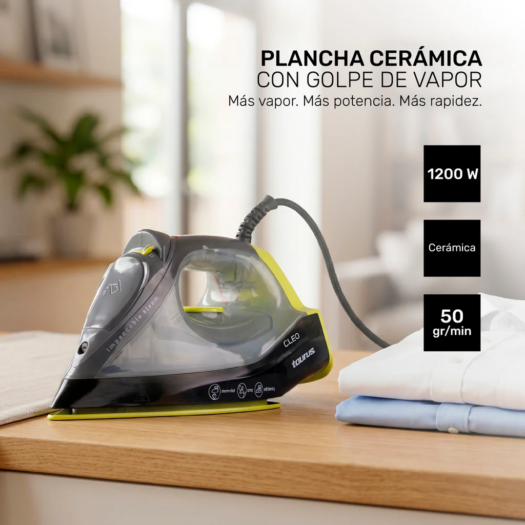 Plancha Taurus Cleo De Cerámica Con Golpe De Vapor, 1200 Watts Color Negro